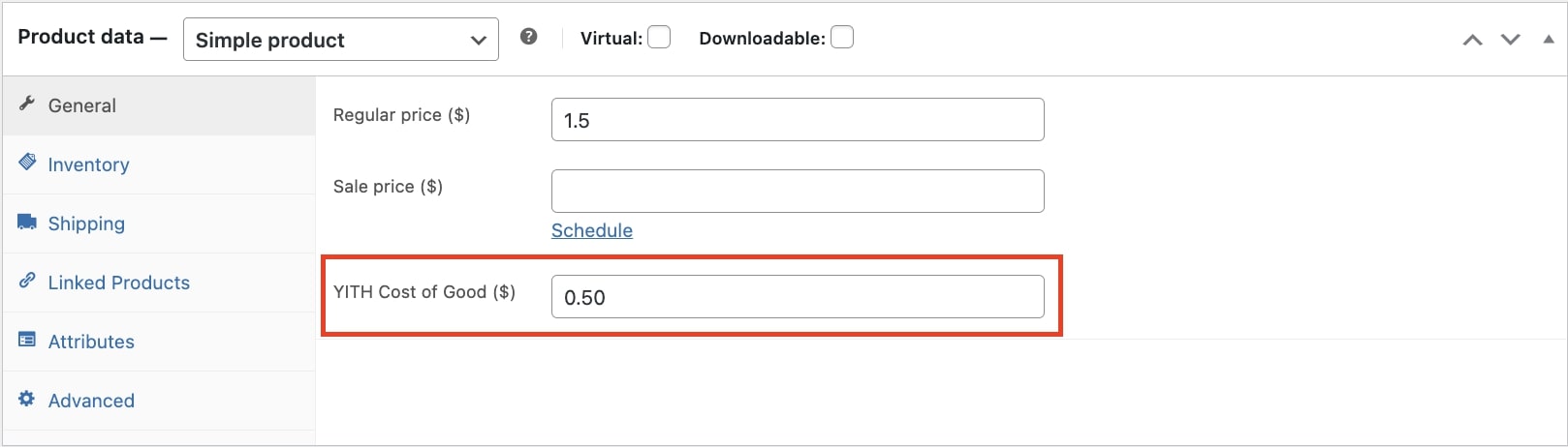 Set cost of good on product