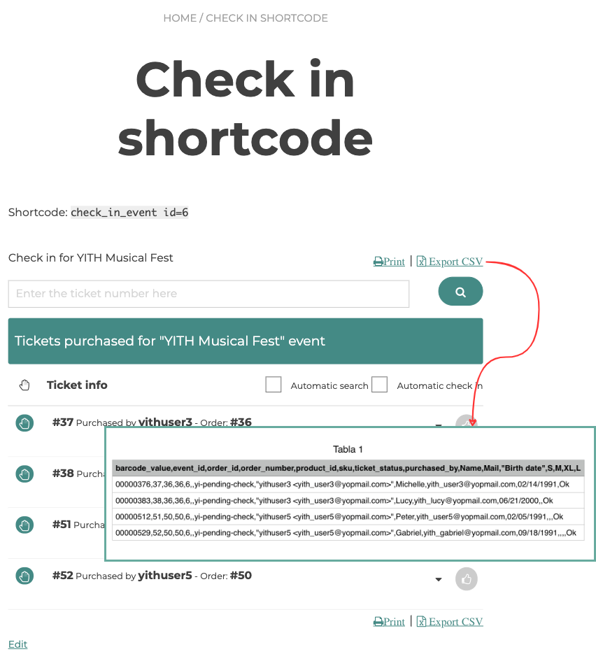 export csv shortcode event