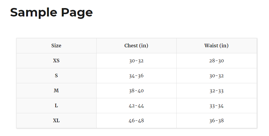 Size Chart Table