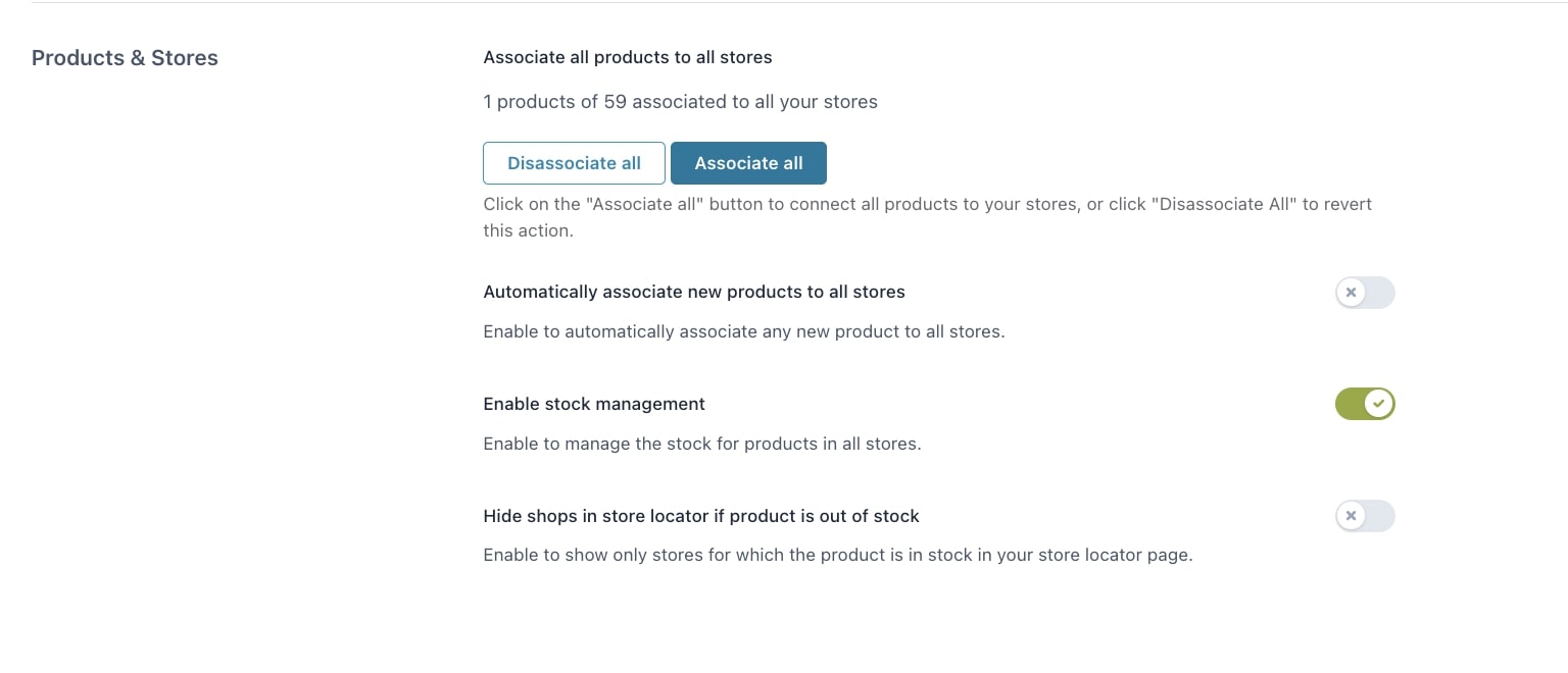 Products and stores options