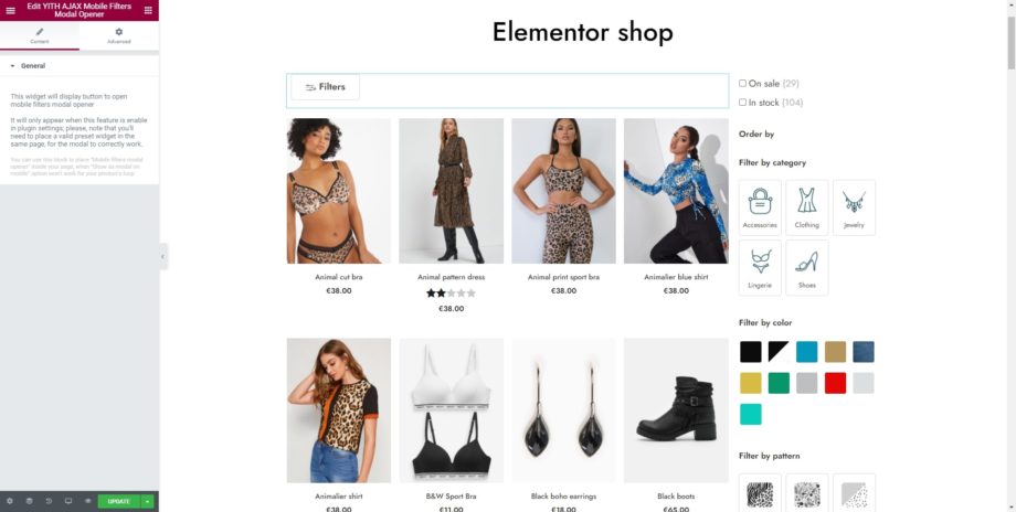 AJAX Mobile Filters Modal Opener Elementor widget