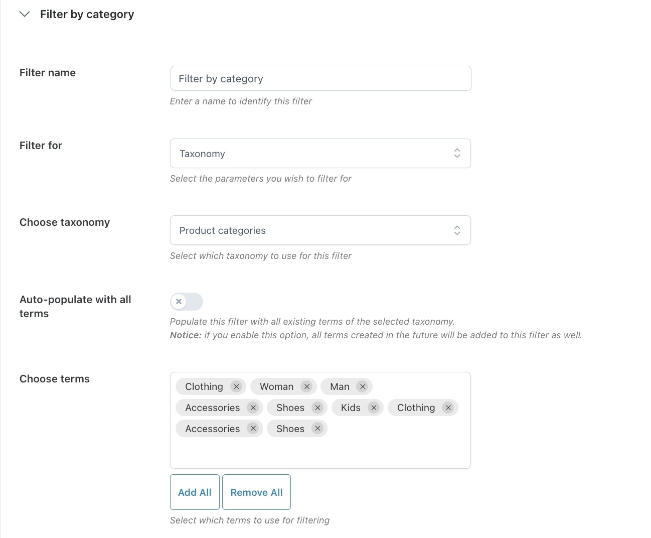 How to configure taxonomy filters