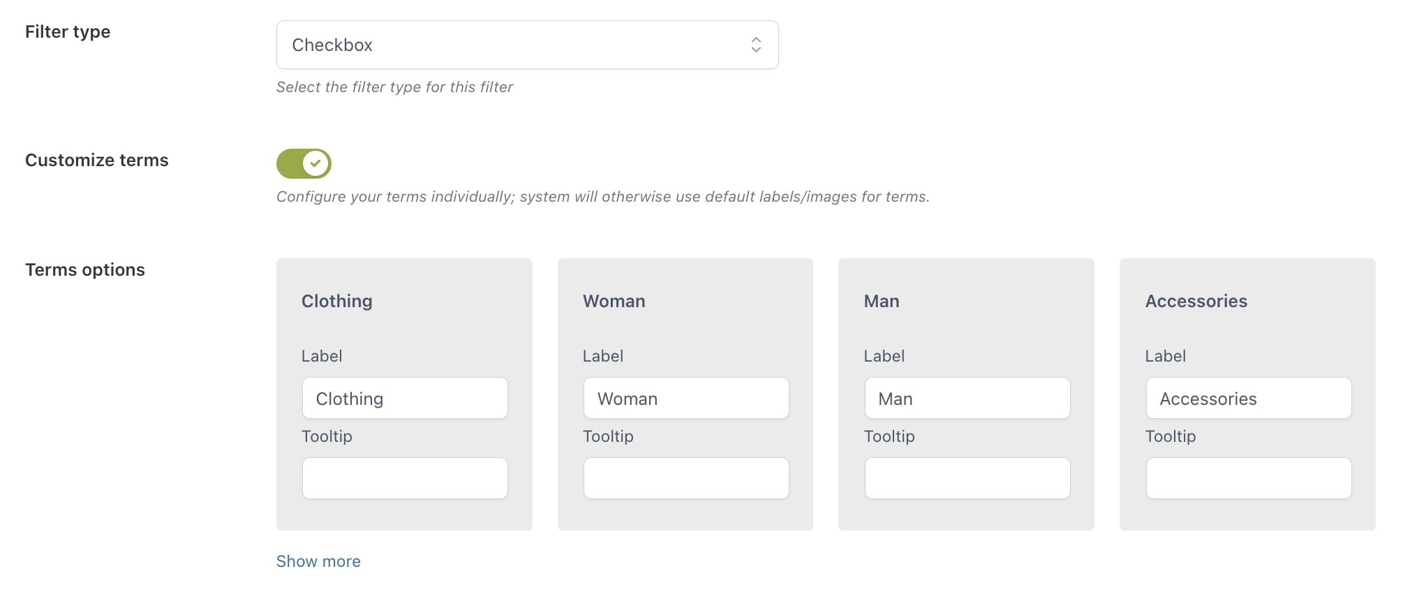 Checkbox filter terms