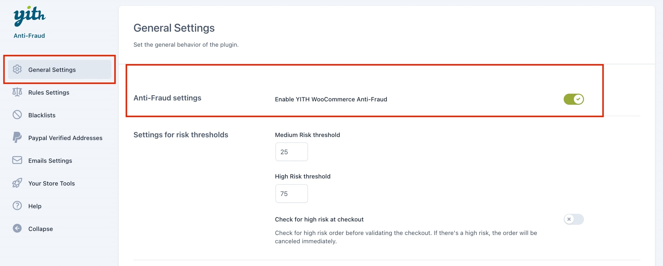 General settings - enable YITH Anti-Fraud