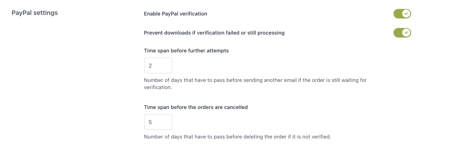 PayPal settings