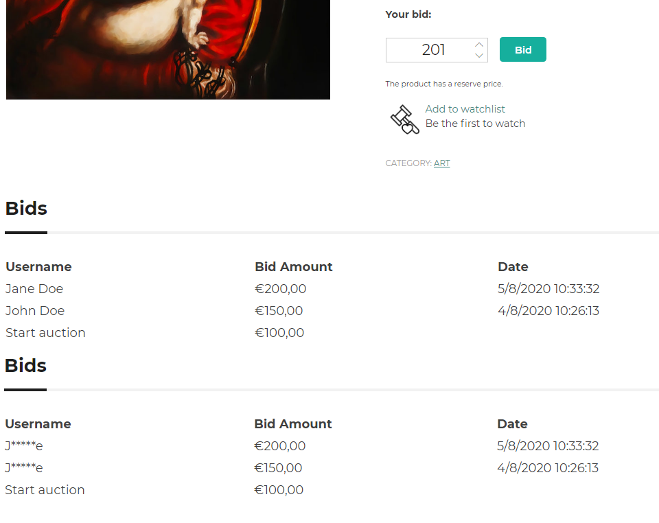 Auction page options example 3.1