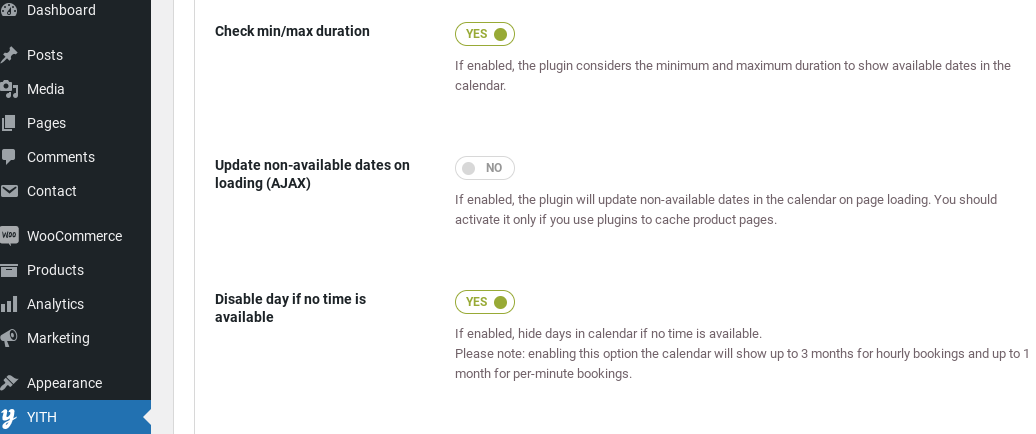 booking form calendar options