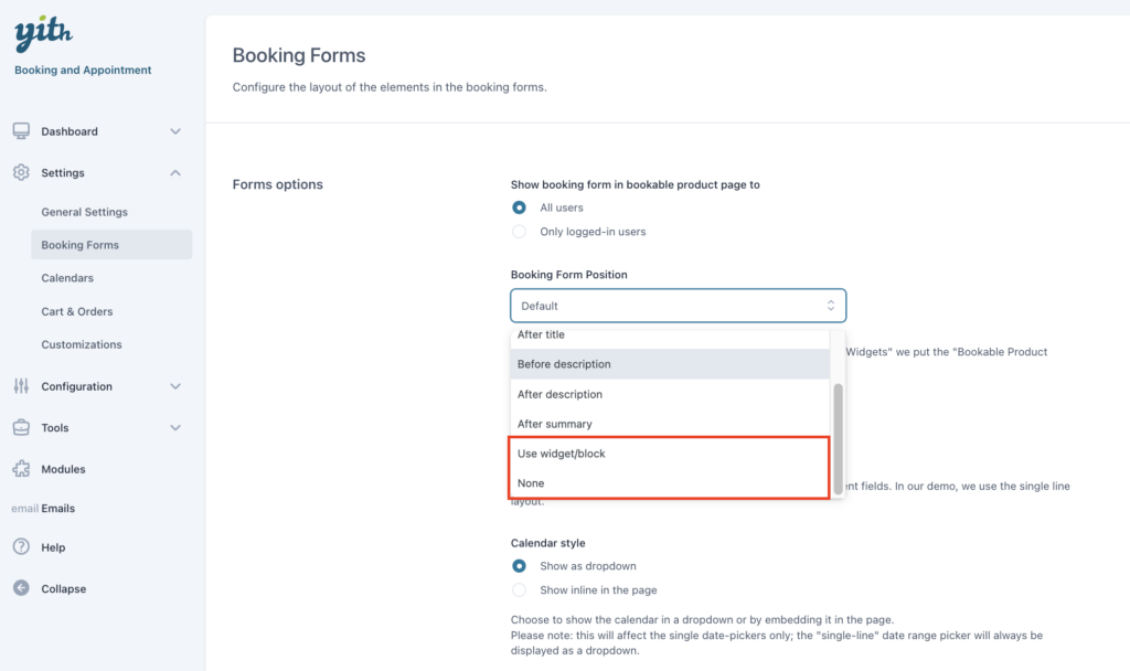 Booking form options