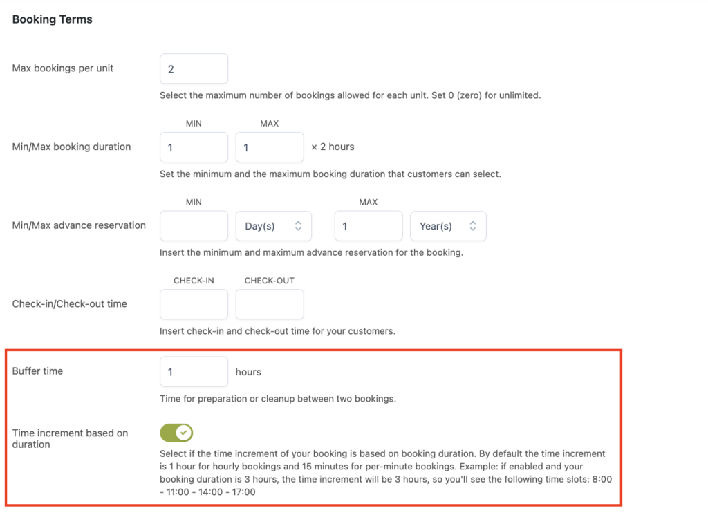 Buffer time and increments settings