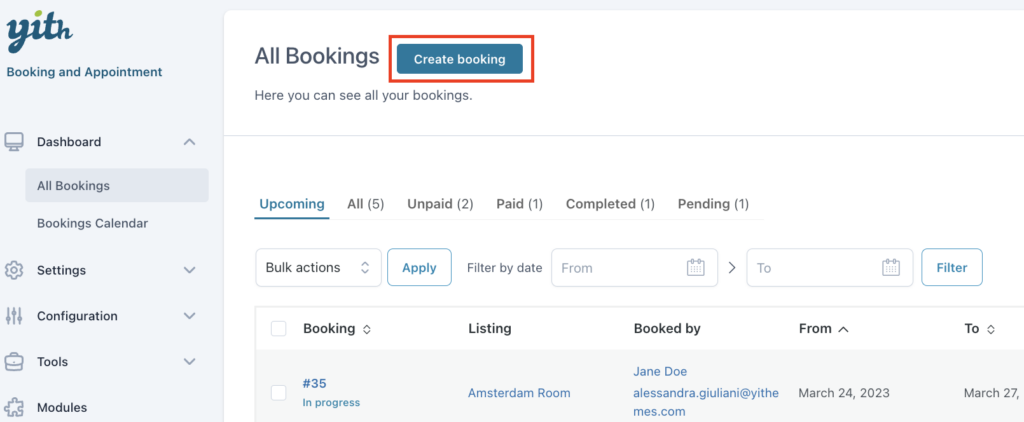 Create-booking button