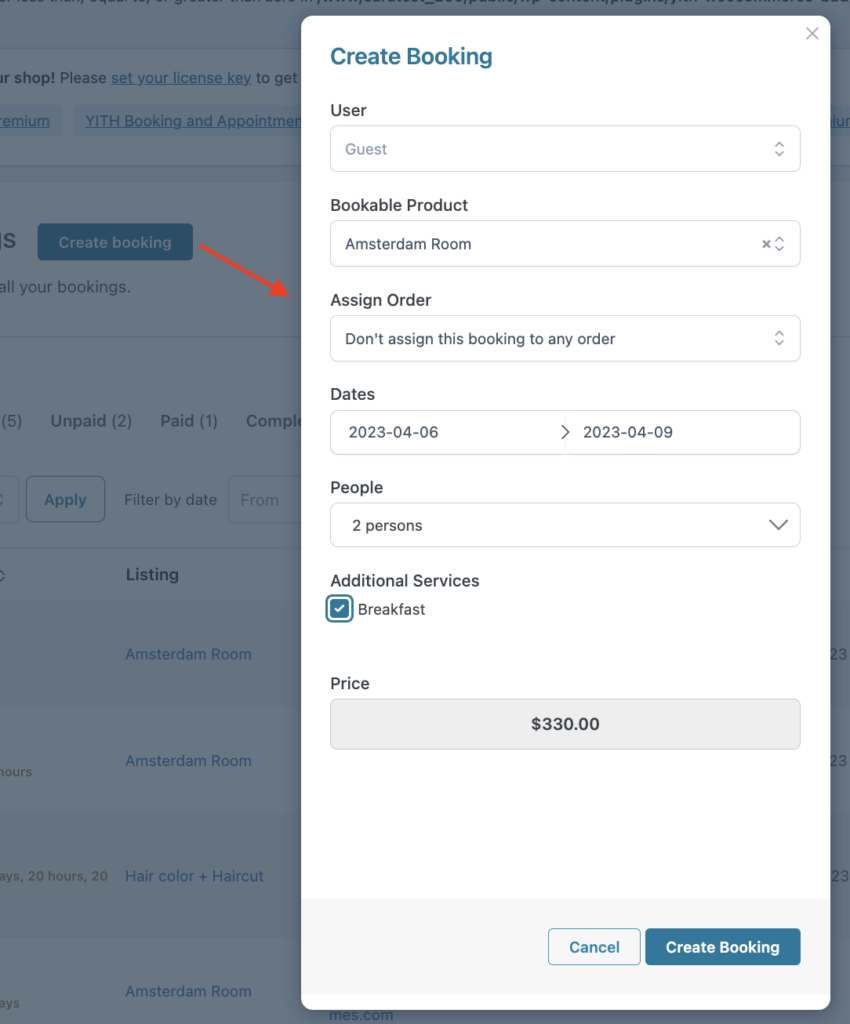 Create booking - modal window