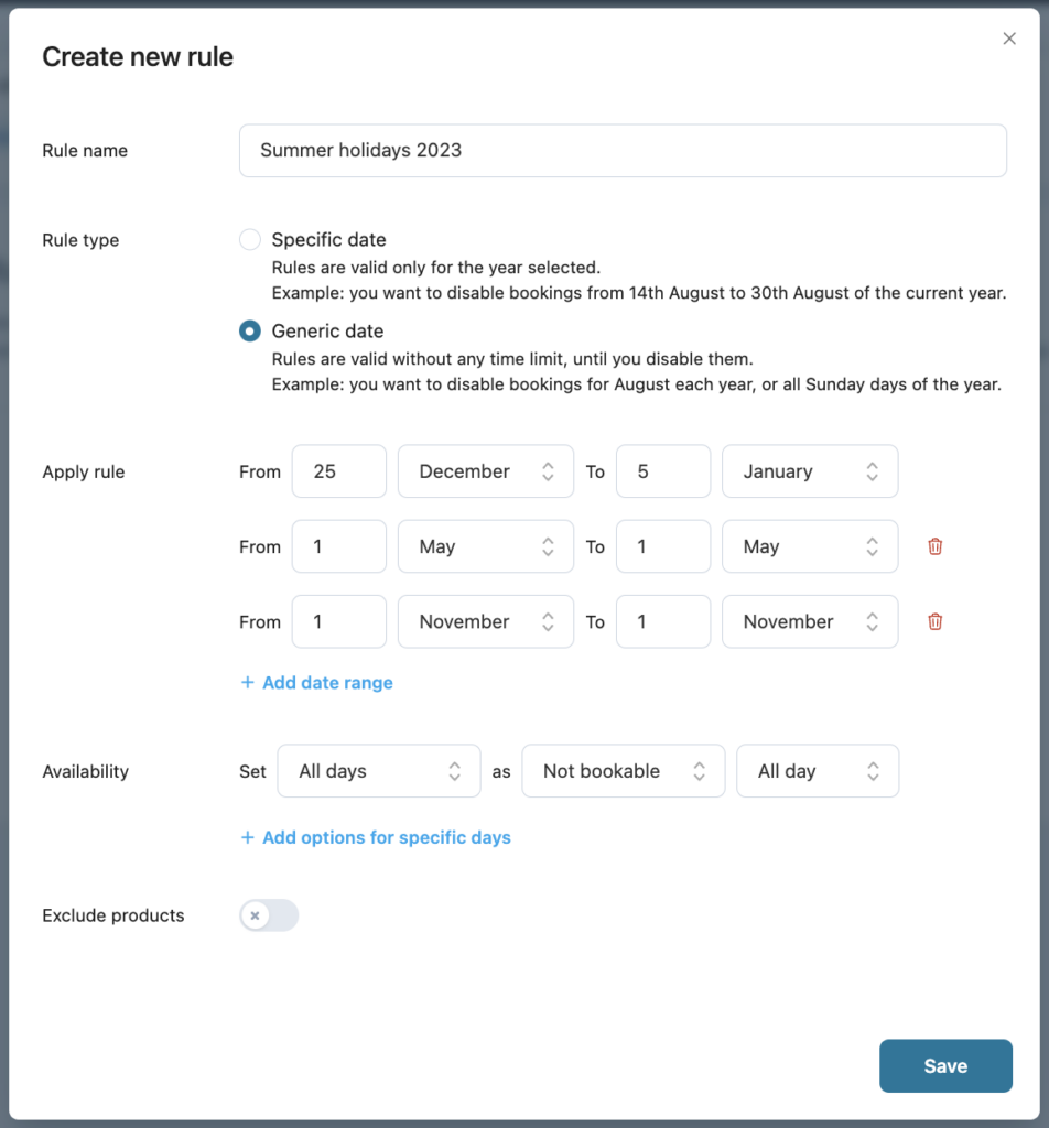 Availability rule on generic dates