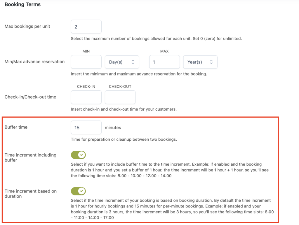 Buffer time and time increments including buffer