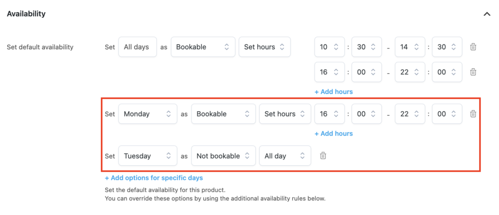 availability days restaurant example