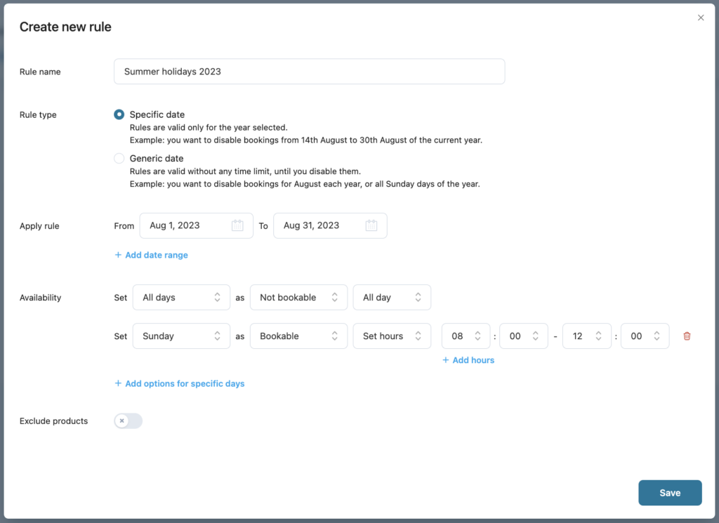 Availability rule on specific dates