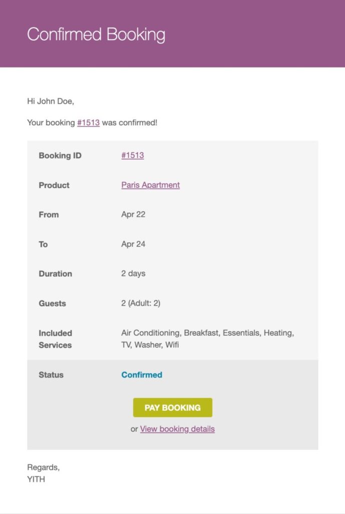 confirmed booking email