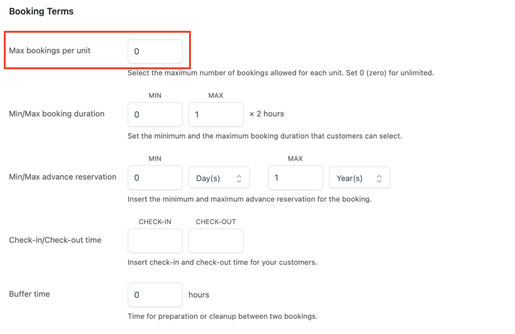 Max booking per unit