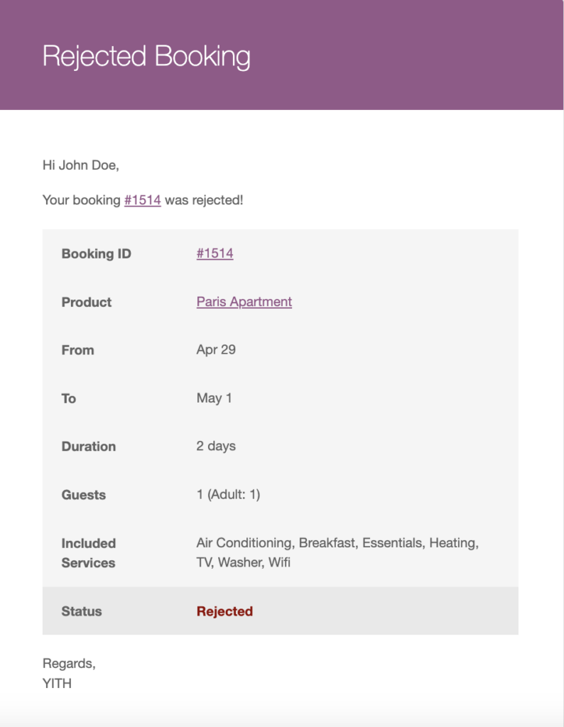 rejected booking email