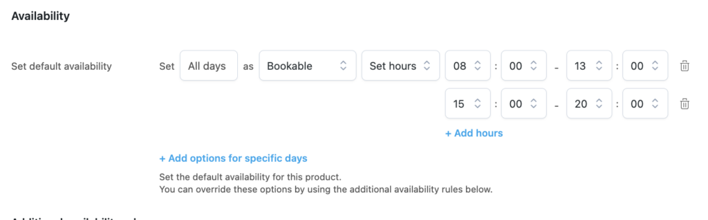 Product availability settings with hours