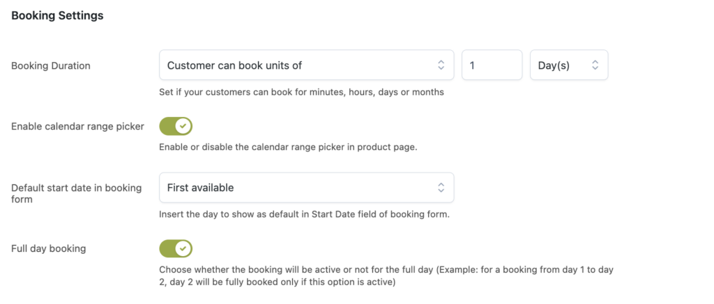 Bookable product settings