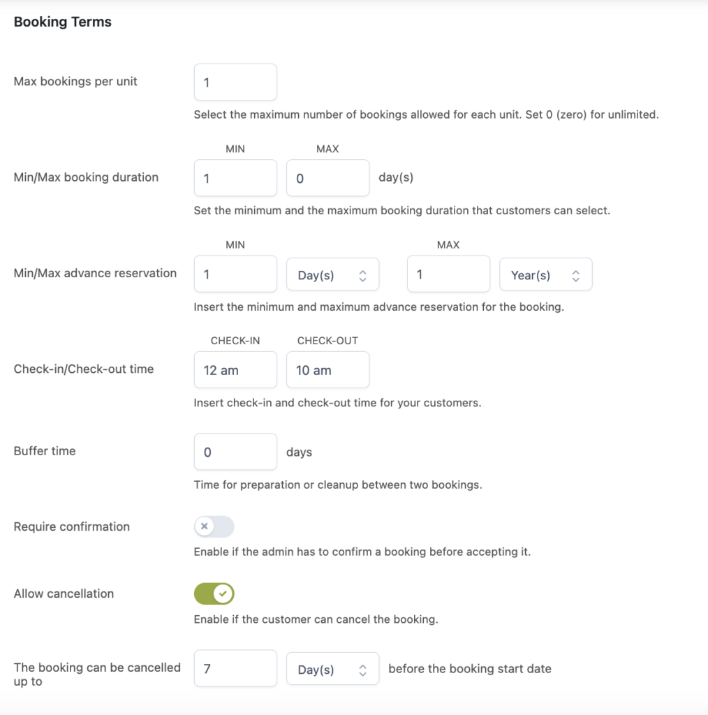 Room - booking terms