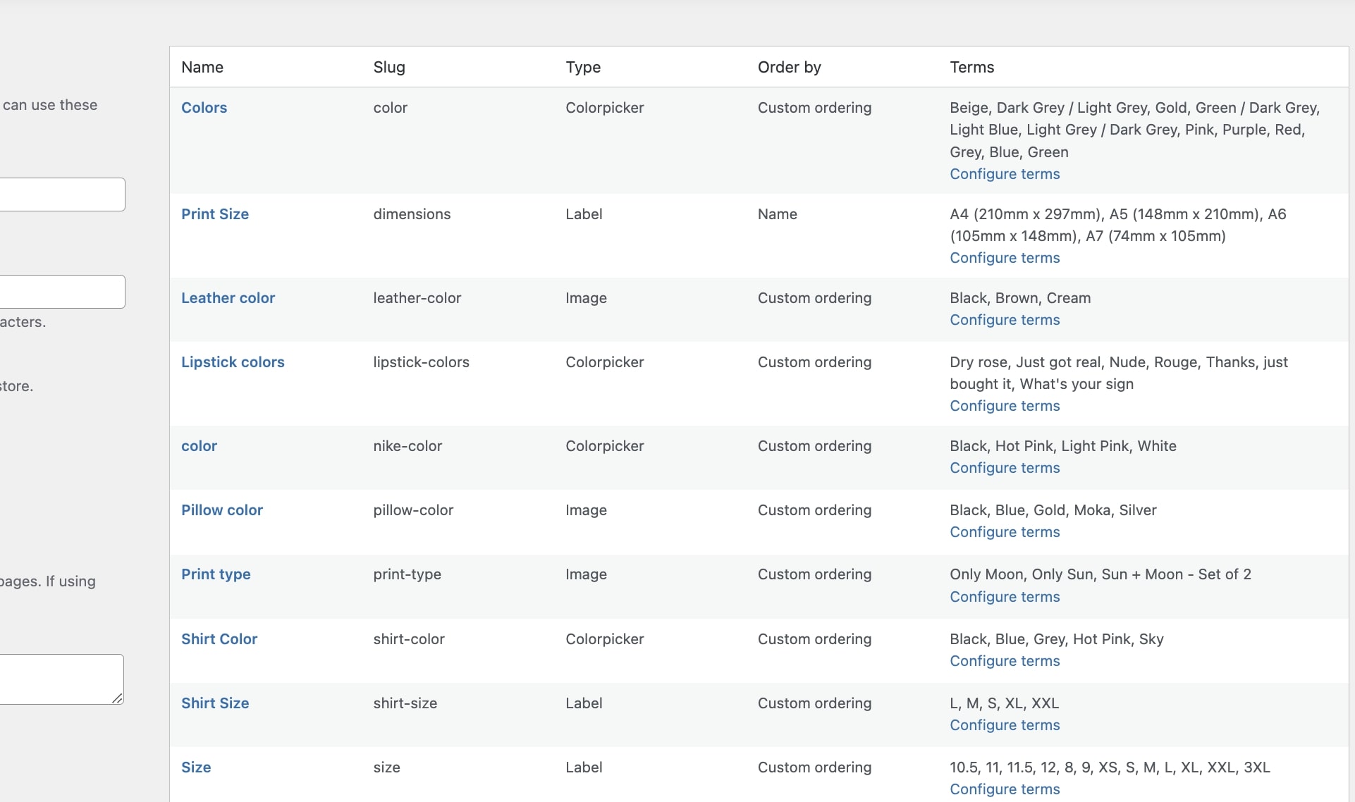 Attributes table