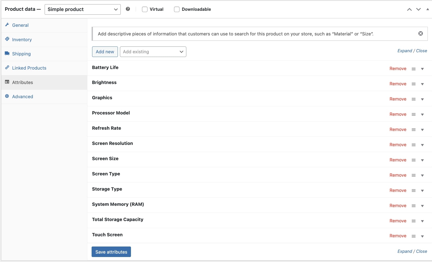 Product custom attributes