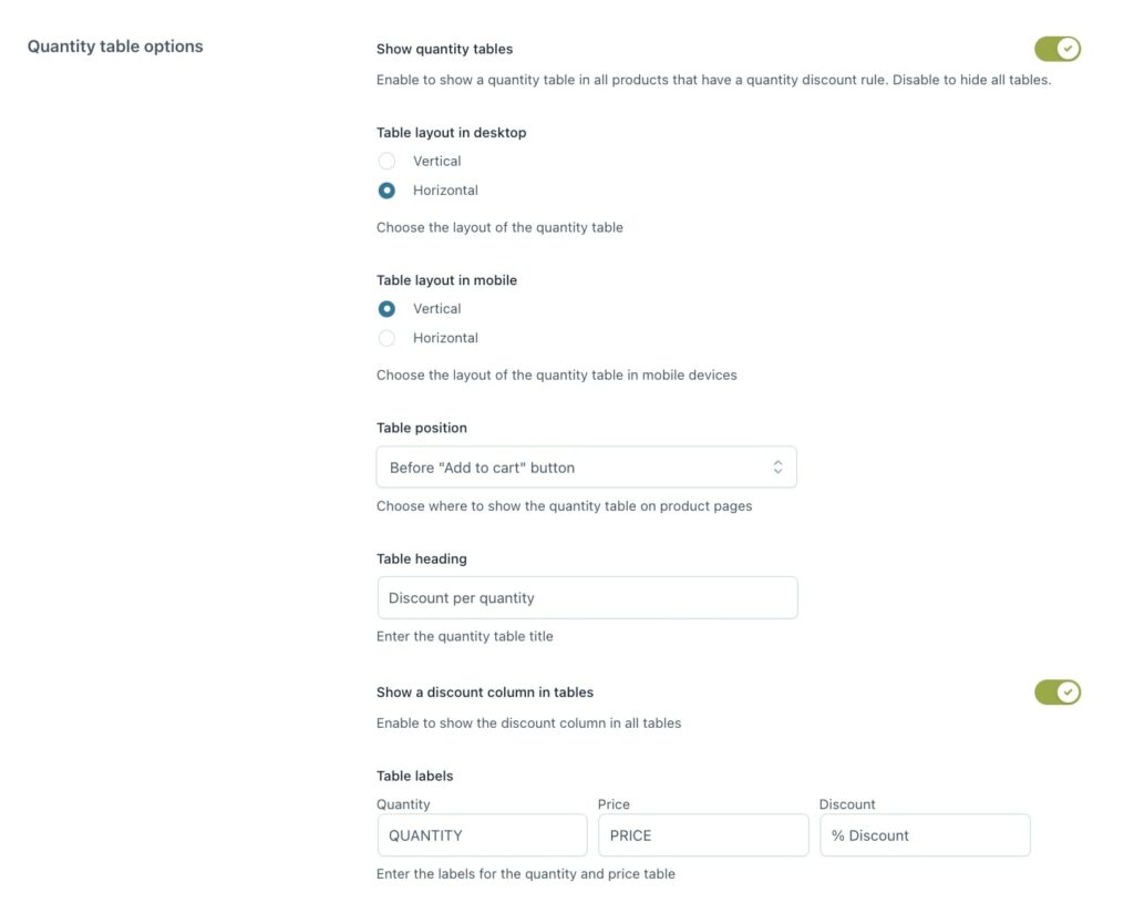 General settings for all quantity tables