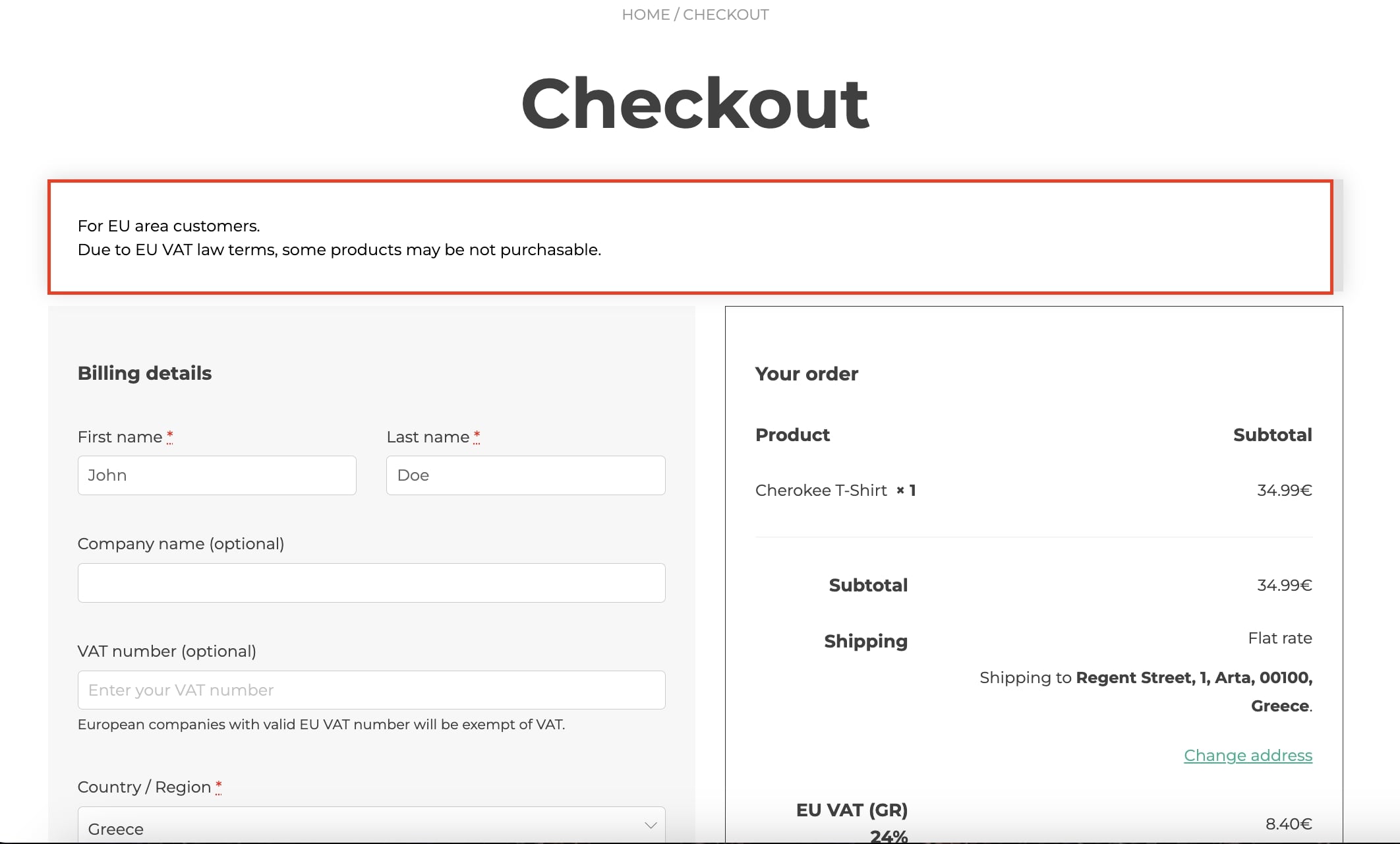 Message on Checkout page
