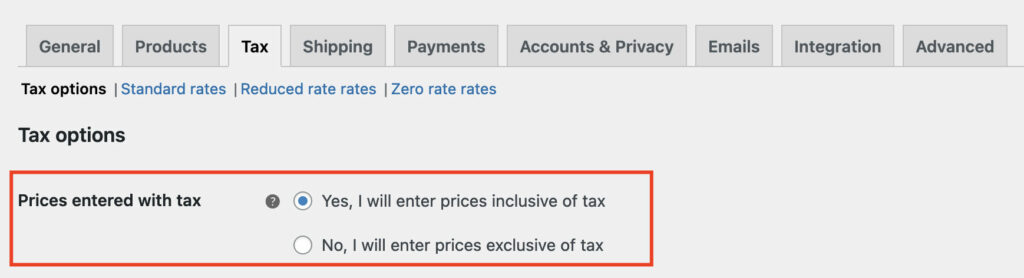 Tax options in WooCommerce settings