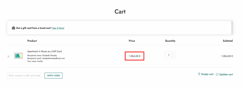 Gift card with booking updated amount in cart