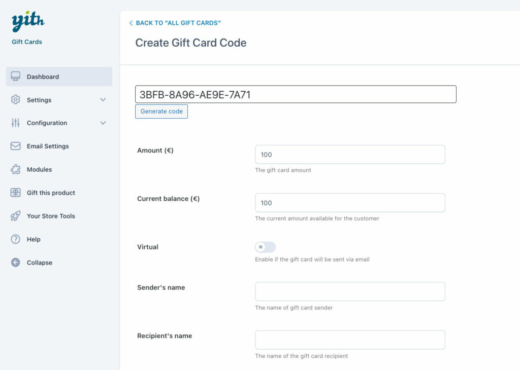 Create single gift card - manually add code