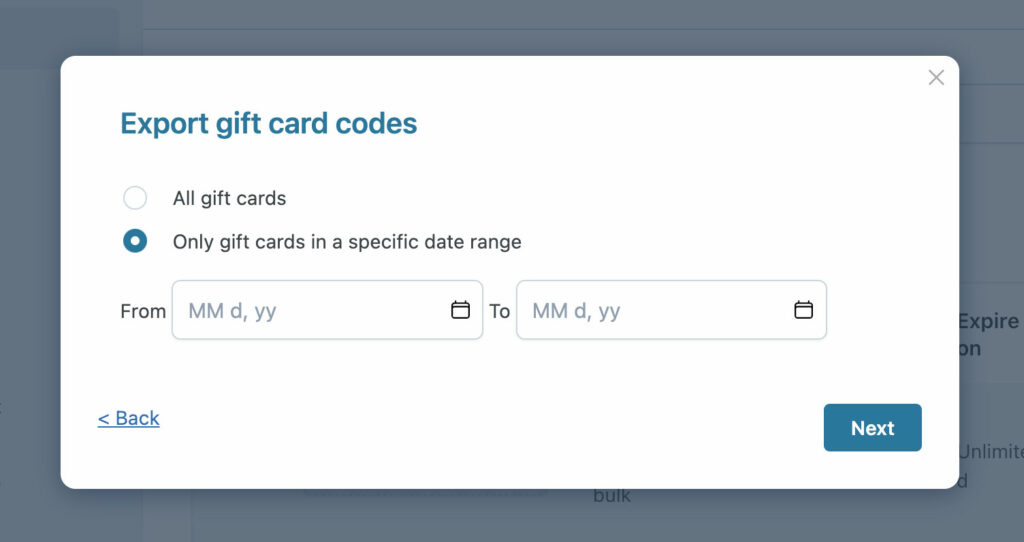 Export all gift cards or by date range