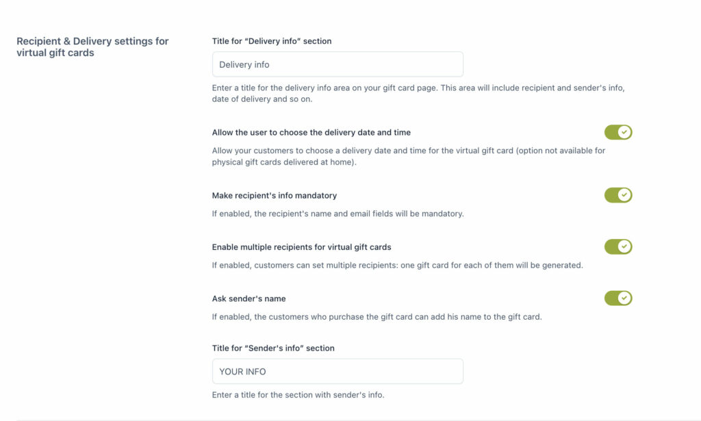 Recipient and delivery settings for virtual gift cards