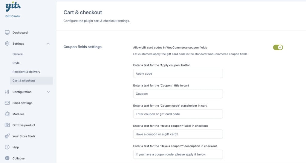 Coupon fields settings