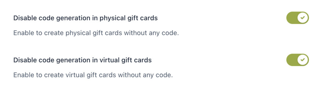 Disable code generation in physical gift cards