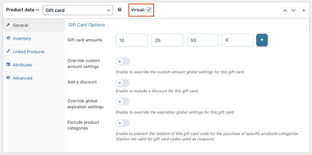 Set "virtual" gift card option