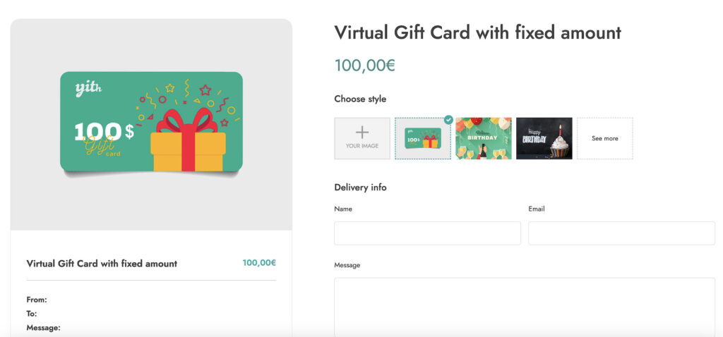 Virtual gift card with fixed amounts