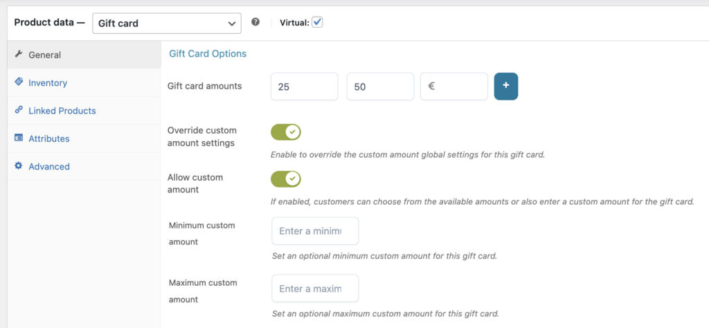 Virtual gift card options