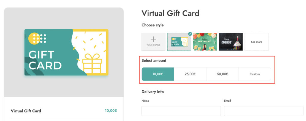 Virtual gift card with different amounts