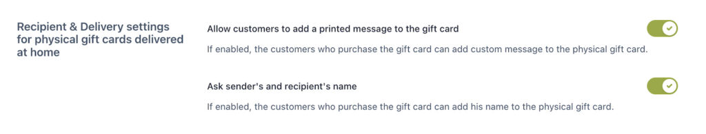 Recipient and delivery info for physical gift cards delivered at home