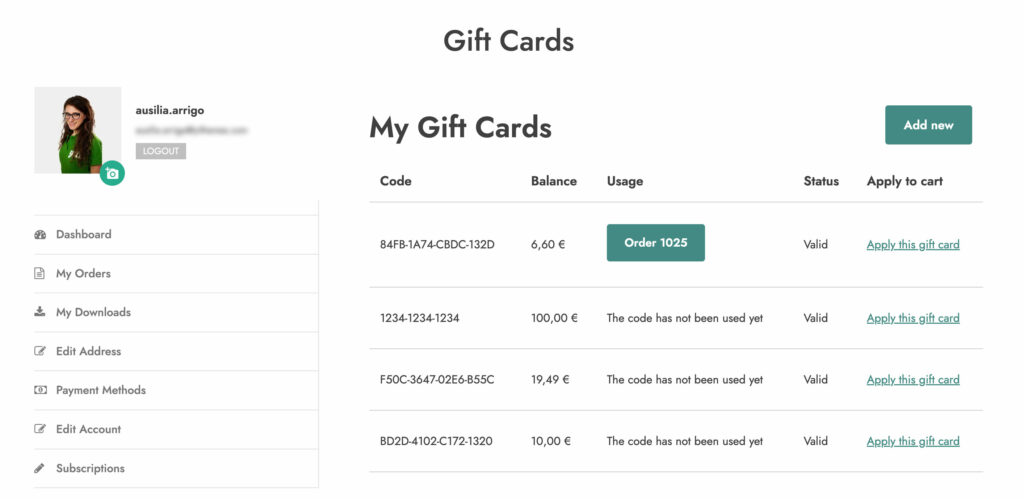 Gift cards in My account