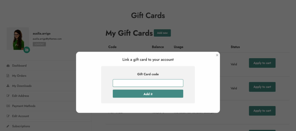 Add new gift card in My account