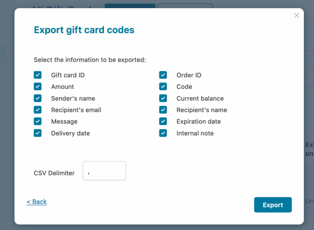 Export gift card codes