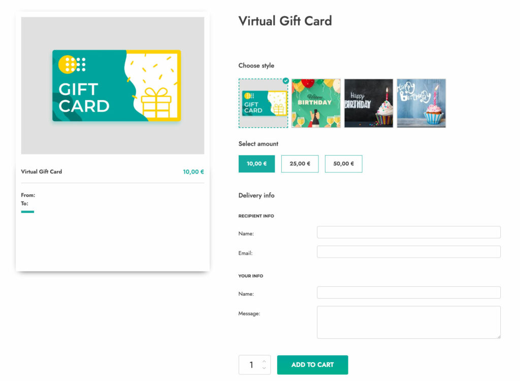 Gift card page - frontend