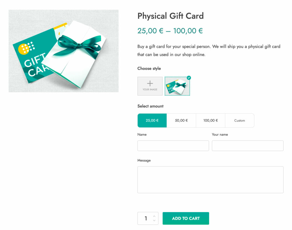 Physical gift card fields