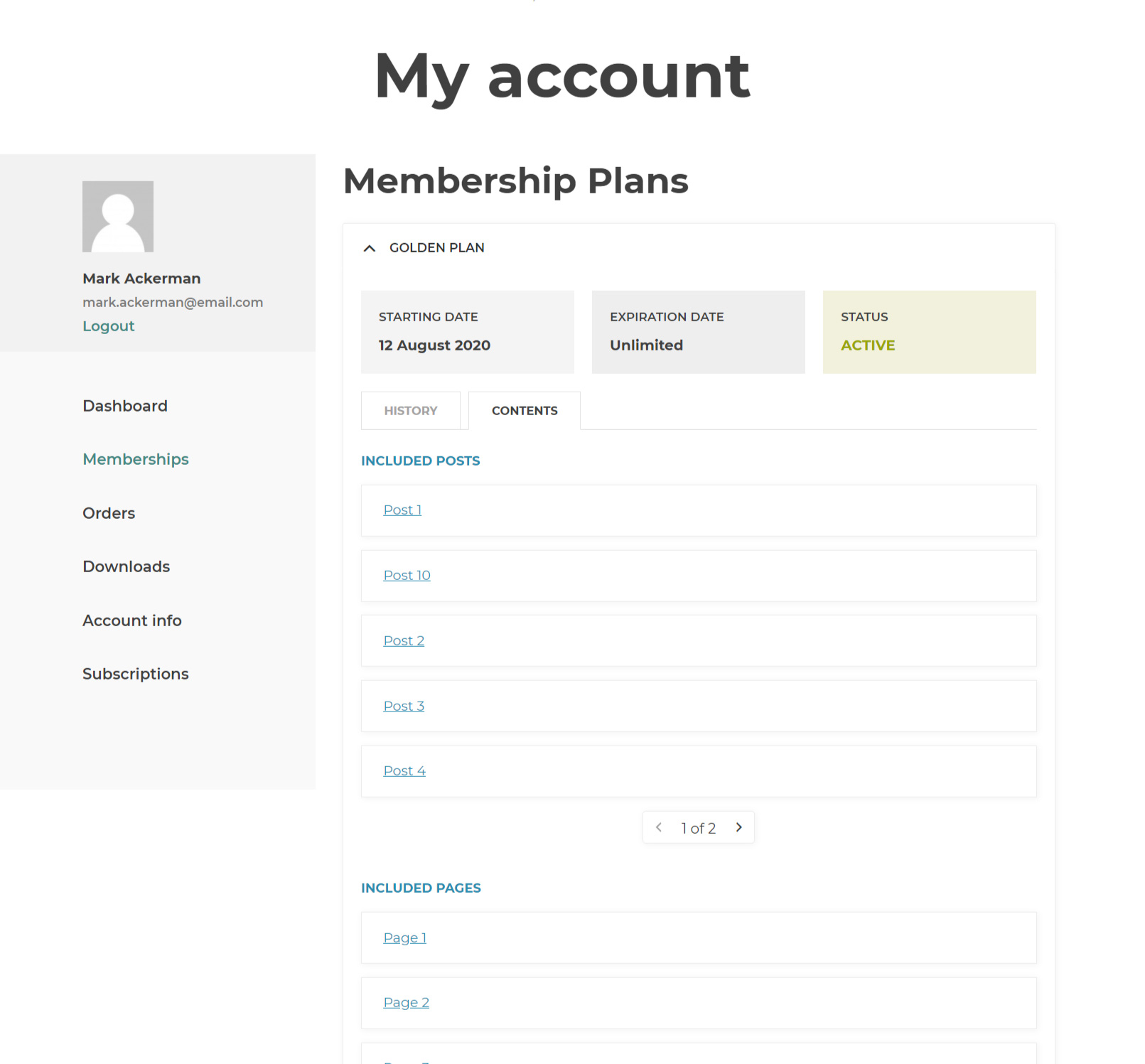 Memberships in My account