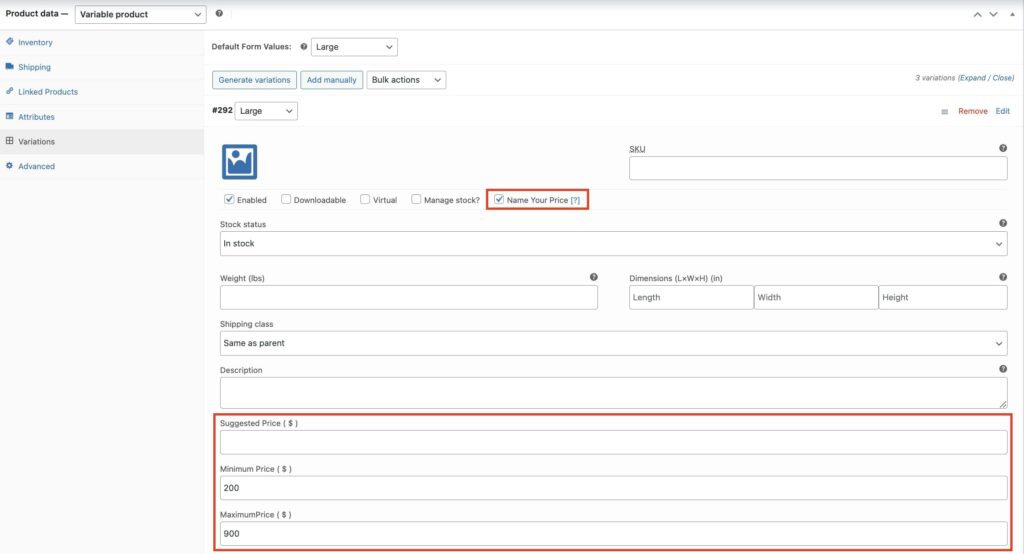 Name your price on variable product