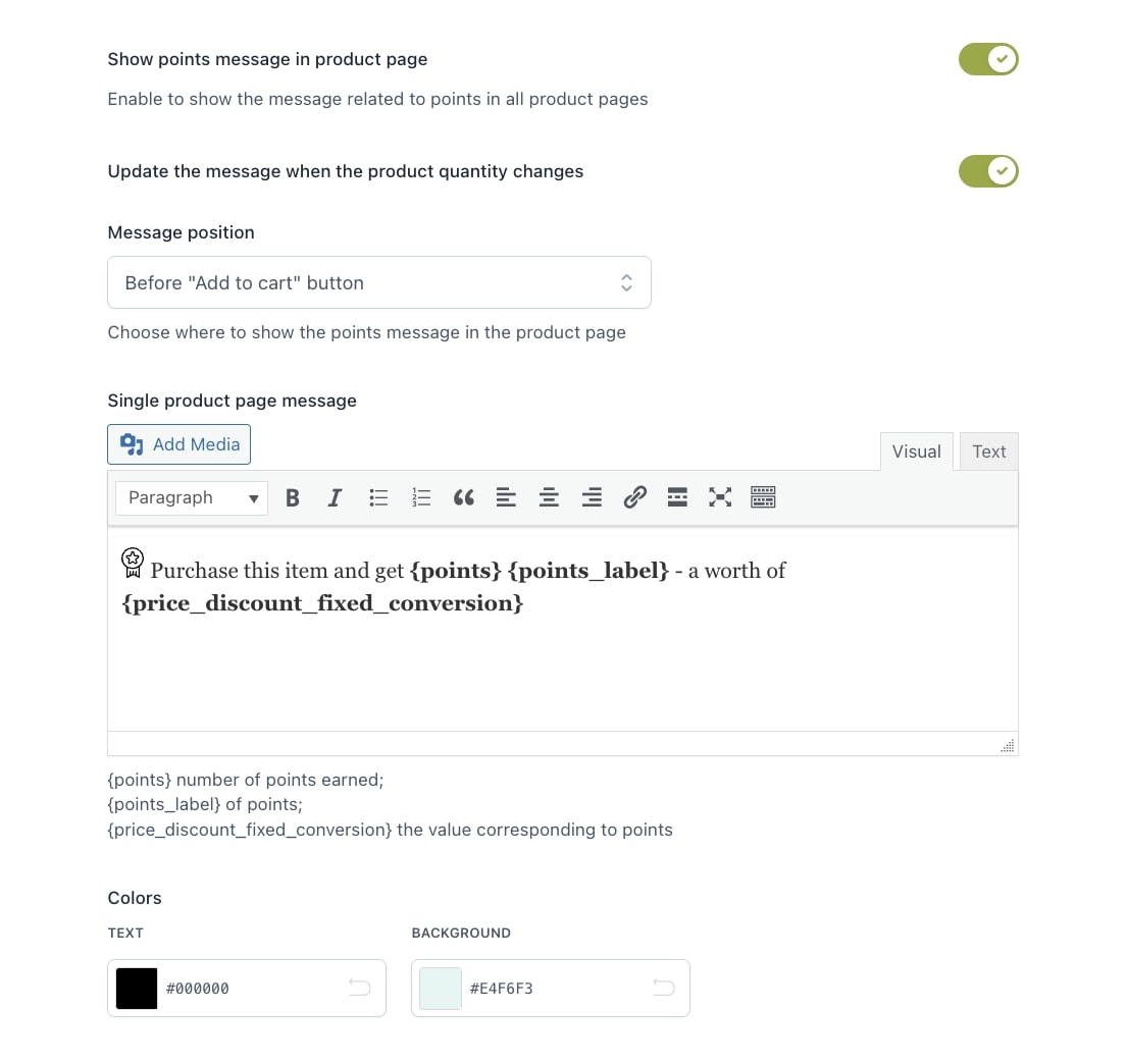 Points messages in product page