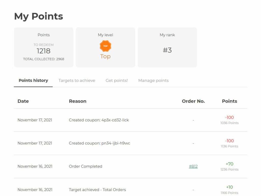 Points history in My Account